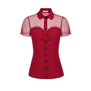 Belle Poque retro red collared heart button up blouse
